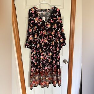 Suzanne Betro Black Floral V Neck Tier Midi dress